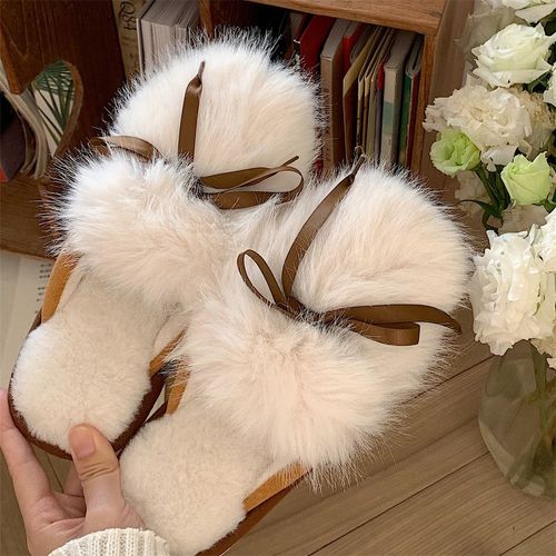 Chaussons Chauds En Coton Bowknot Baotou Pantoufles En Peluche Pour Dortoir D'hiver Pour Femmes