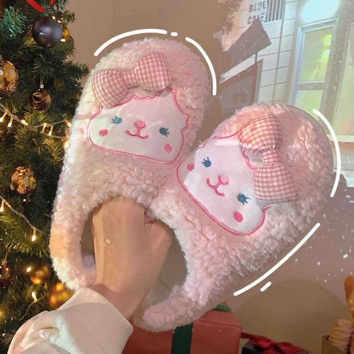 Filles Coeur Chaud Tout Compris Talon Coton Pantoufles Femme Hiver Mignon Dessin Animé Chaton En Peluche