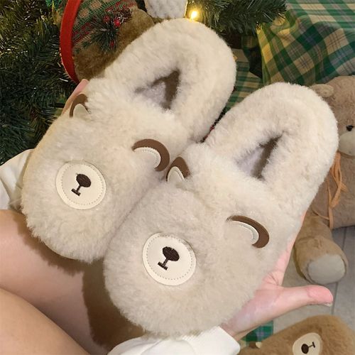 Mignon Ours Coton Pantoufles Femmes Hiver Antidérapant Chaud Tout Compris Talon Peluche Chaussures Hommes