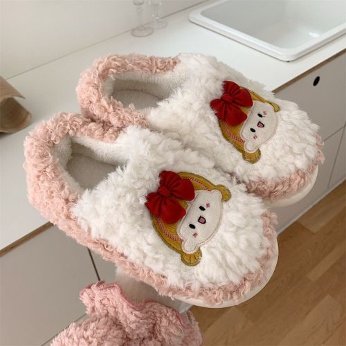 Mignon Bowknot Talon Tout Compris Chaussures En Peluche Hiver Pantoufles En Coton Chaud Antidérapant Pour Les Femmes