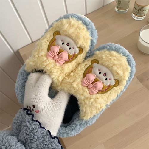 Mignon Bowknot Talon Tout Compris Chaussures En Peluche Hiver Pantoufles En Coton Chaud Antidérapant Pour Les Femmes