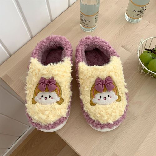 Mignon Bowknot Talon Tout Compris Chaussures En Peluche Hiver Pantoufles En Coton Chaud Antidérapant Pour Les Femmes