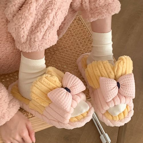 Cute Girl Heart Bowknot Cotton Slippers Women's Autumn And Winter Plush