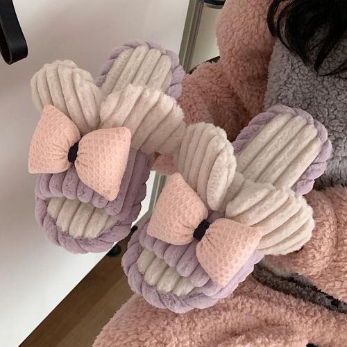 Cute Girl Heart Bowknot Cotton Slippers Women's Autumn And Winter Plush