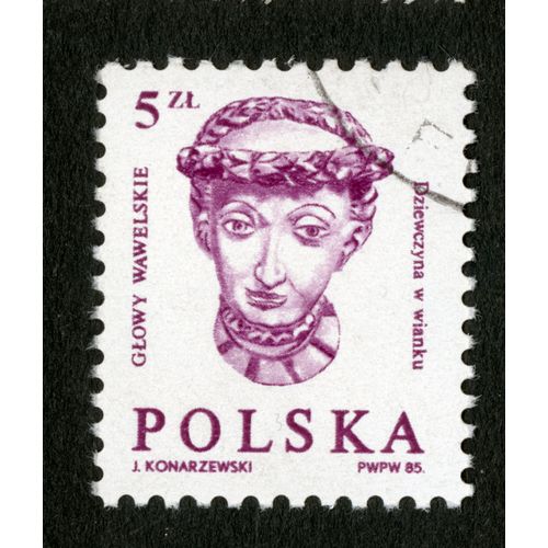 Timbre Oblitéré Polska, Glowy Wawelskie, Dziewczyna W Wianku, Konarzewski, 1985, 5 Zl