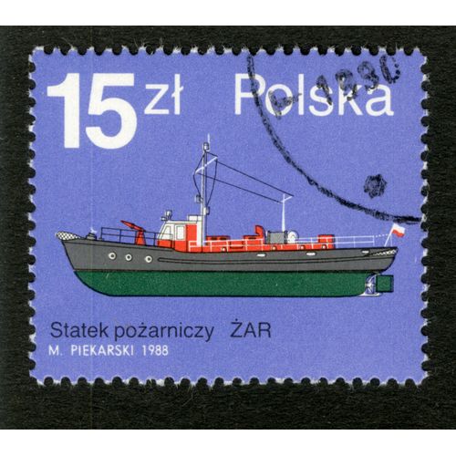 Timbre Oblitéré Polska, Statek Pozarniczy Zar, Piekarski, 1988, 15 Zl