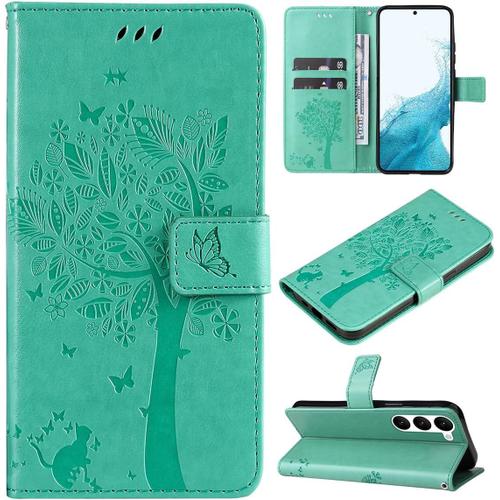 Coque Pour Samsung Galaxy S23, Pu Cuir Housse Étui Rabat Clapet Folio Portefeuille Phone Case Avec Porte Carte Magnétique Béquille Protection Cover Pour Samsung Galaxy S23, Vert