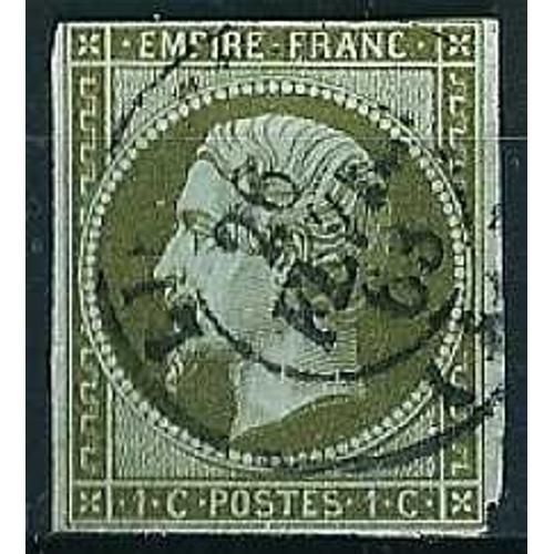 France 1853 / 1860 - Beau Timbre Classique Yvert 11 Napoléon Iii - 1c. Olive, Oblitéré, Cote 100 Euros, Tbe