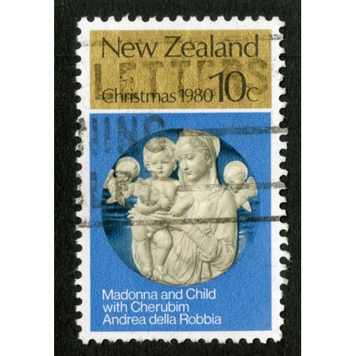 Timbre Oblitéré New Zealand, Christmas 1980, Madonna And Child With Cherubim , Andrea Della Robbia, 10c