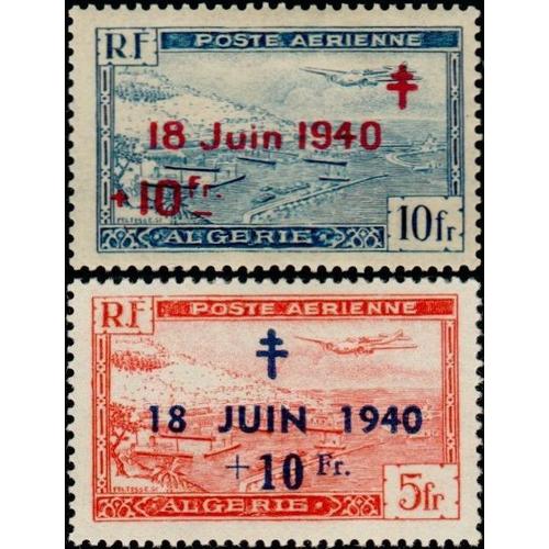 Algérie, Département Français 1947 / 1948, Beaux Timbres De Poste Aérienne Yvert 7 Et 8, Avion Survolant La Rade D'alger Avec Surcharge "18 Juin 1940 + 10 Fr.", Neufs