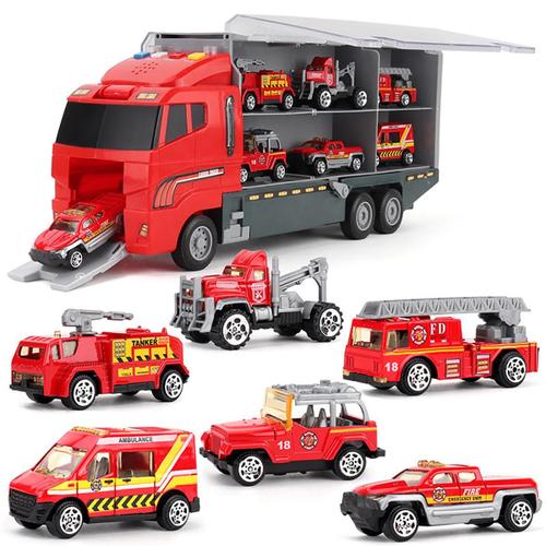 6/12 Pcs 11 En 1 Modèle Moule Sous Pression Camion De Construction Vehicule Voiture Jouet Ensemble Vehicules De Jeu Dans Le Transporteur, 6pcs, Rouge