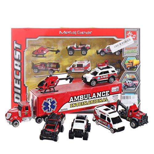 7 Pcs Alliage Plastique Moule Sous Pression Ingenierie Vehicule Ambulance Polices Voiture Modèle Jouet Ensemble Pour Enfants Cadeau, Ambulance
