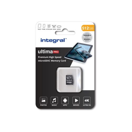 Integral UltimaPro - Carte mémoire flash (adaptateur microSDXC vers SD inclus(e)) - 512 Go - A1 / Video Class V30 / UHS Class 3 / Class10 - microSDXC UHS-I