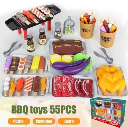 55pcs Accessoire Cuisine Enfant Barbecue Party Jeux Enfant Jouet Barbecue Food Non Toxique Plastique Coffre Fort Grillades Simu