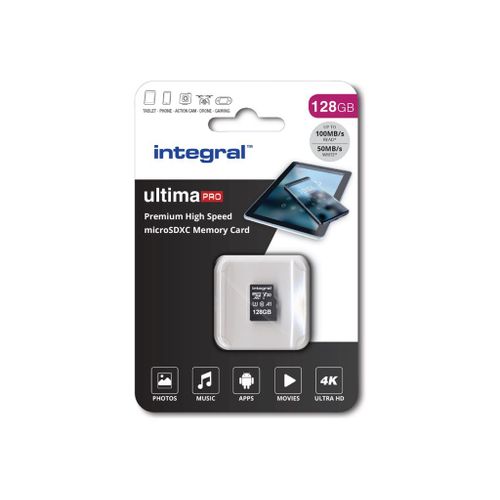 Integral UltimaPro - Carte mémoire flash (adaptateur microSDXC vers SD inclus(e)) - 128 Go - A1 / Video Class V30 / UHS Class 3 / Class10 - microSDXC UHS-I