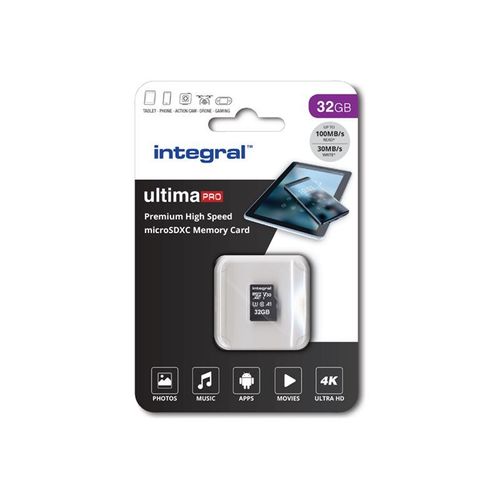 Integral UltimaPro - Carte mémoire flash (adaptateur microSDHC - SD inclus(e)) - 32 Go - A1 / Video Class V30 / UHS Class 3 / Class10 - microSDHC UHS-I