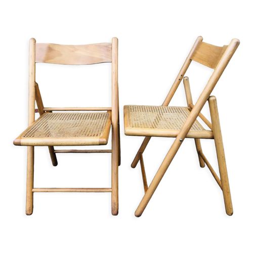 Set De 2 Chaises Pliantes Vintage Cannage Rotin Pour Habitat Circa 7080 Bois