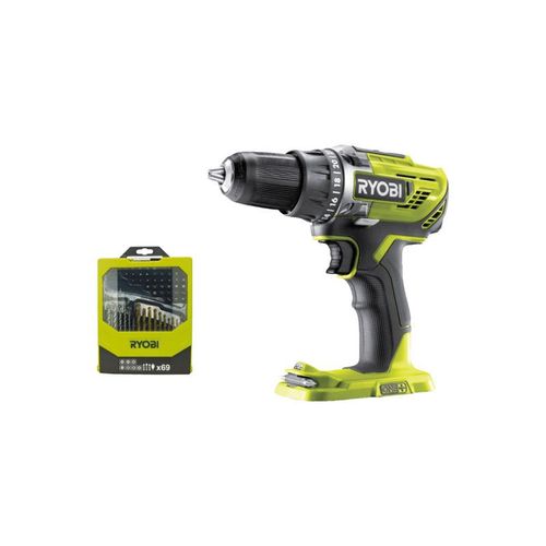 Pack RYOBI - Perceuse-visseuse R18DD3-0 - 18V One+ sans batterie ni chargeur - Coffret 69 accessoires mixtes pour perçage et vissage RAK69MIX