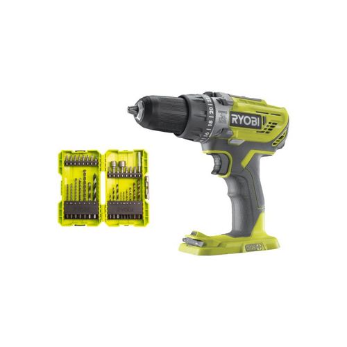 Pack RYOBI - Perceuse à percussion R18PD3-0 - 18V One+ sans batterie ni chargeur - Coffret 32 accessoires perçage - vissage - boulonnage RAK32DDMIX