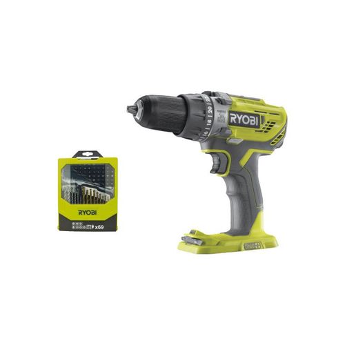Pack RYOBI - Perceuse à percussion R18PD3-0 - 18V One+ sans batterie ni chargeur - Coffret 69 accessoires mixtes pour perçage et vissage RAK69MIX