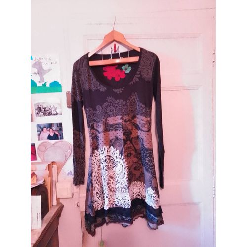 Robe Marron Motifs Beiges/Blancs Bas Dentelle Marron 42 Xl Desigual.