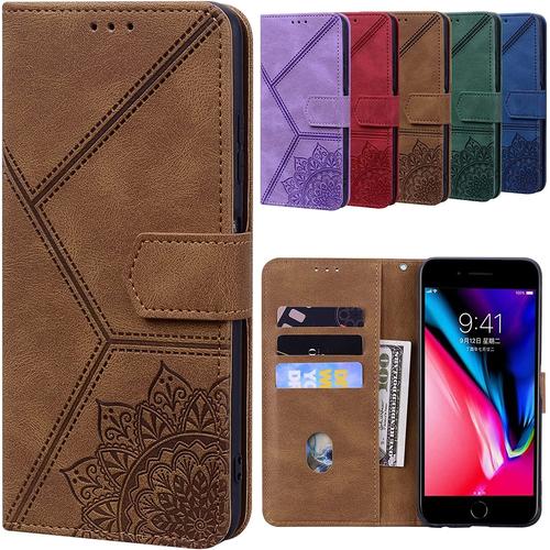 Coque Pour Iphone Se 2022 5g/Se 2020/7/8/6, Faite À La Main - Coque À Rabat Rétro Avec Motif Mandala - Étui De Protection Souple Et Flexible Anti-Rayures Pour Iphone Se2/Se3/7/8/6, Marron