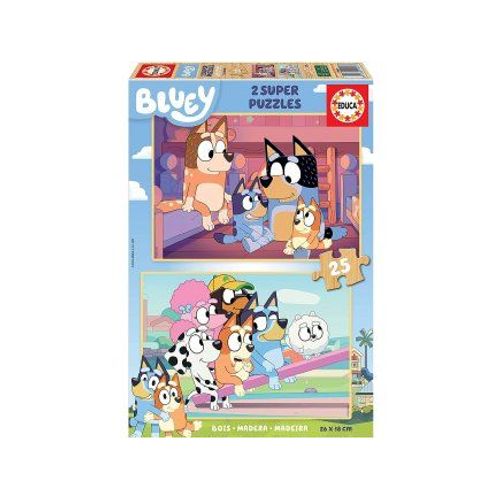 Coffret 2 Puzzles En Bois Enfant 25 Pieces - Famille Et Amis De Bluey - Set Puzzle Chien + 1 Carte Offerte