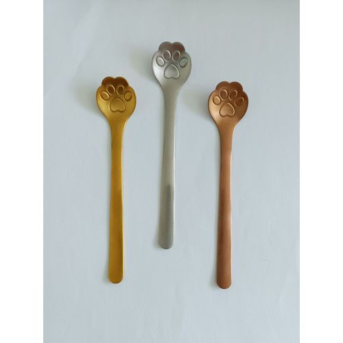 Lot De 3 Cuilleres A Cafe Patte De Chat Or, Argente, Bronze. Acier Inoxydable. 15 X 3 Cm