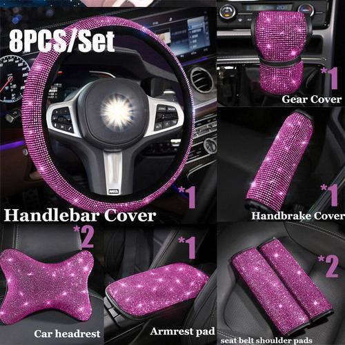 Housse de volant de voiture en cristal rose diamant,housse de guidon, accessoire d'intérieur de voiture pour femmes,cadeau pour filles - Type  8PCS1Set