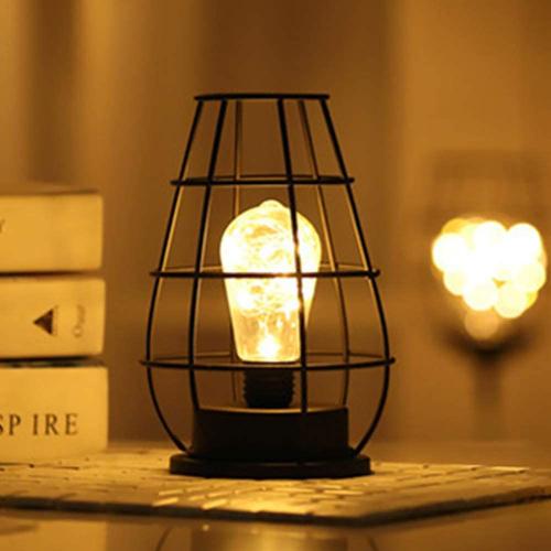 Lampe À Poser En Fil De Fer Noir Moderne - Style Cage - Lampe De Chevet Rétro - Fonctionne Avec Des Piles