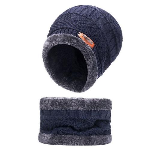 Bonnet D'hiver En Tricot, Épaississant Et Chaud, Avec Écharpe En Velours, Pour Hommes Et Femmes, Masque De Ski, Ensemble Bleu