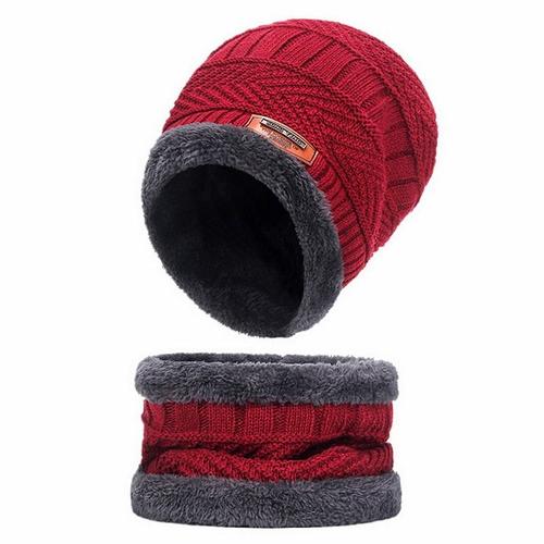 Bonnet D'hiver En Tricot, Épaississant Et Chaud, Avec Écharpe En Velours, Masque De Ski Pour Hommes Et Femmes, Ensemble Rouge