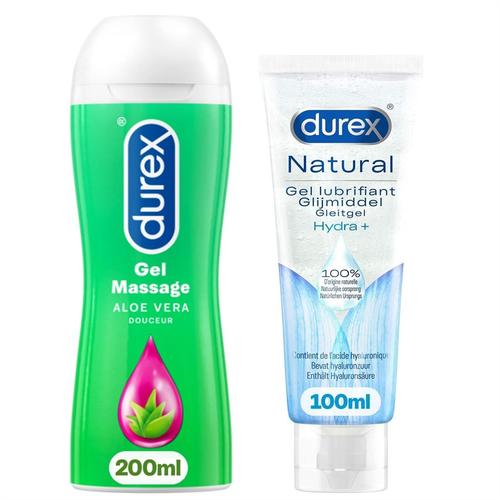 Durex Gel Lubrifiant Et Massage Alo¿ Vera 200ml - Gel Naturel Hydratant ¿ L'acide Hyaluronique 100ml - Lot De 2