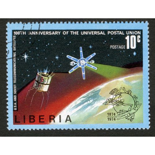 Timbre Oblitéré Liberia, 100th Anniversary Of The Universal Postal Union , U.S.A. And Soviet Telecommunications Satellites, 1874-1974, Postage, 10c