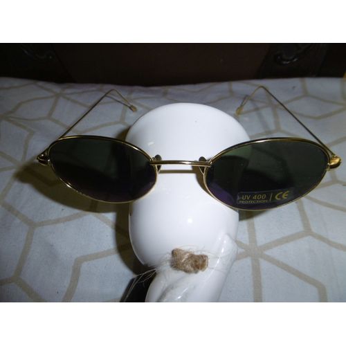 Lunette De Soleil Monture Cerclée Fine Métal Doré Taille Unique Verres Ovales Bleutés Protection Uv 400 Ce Farbel 101