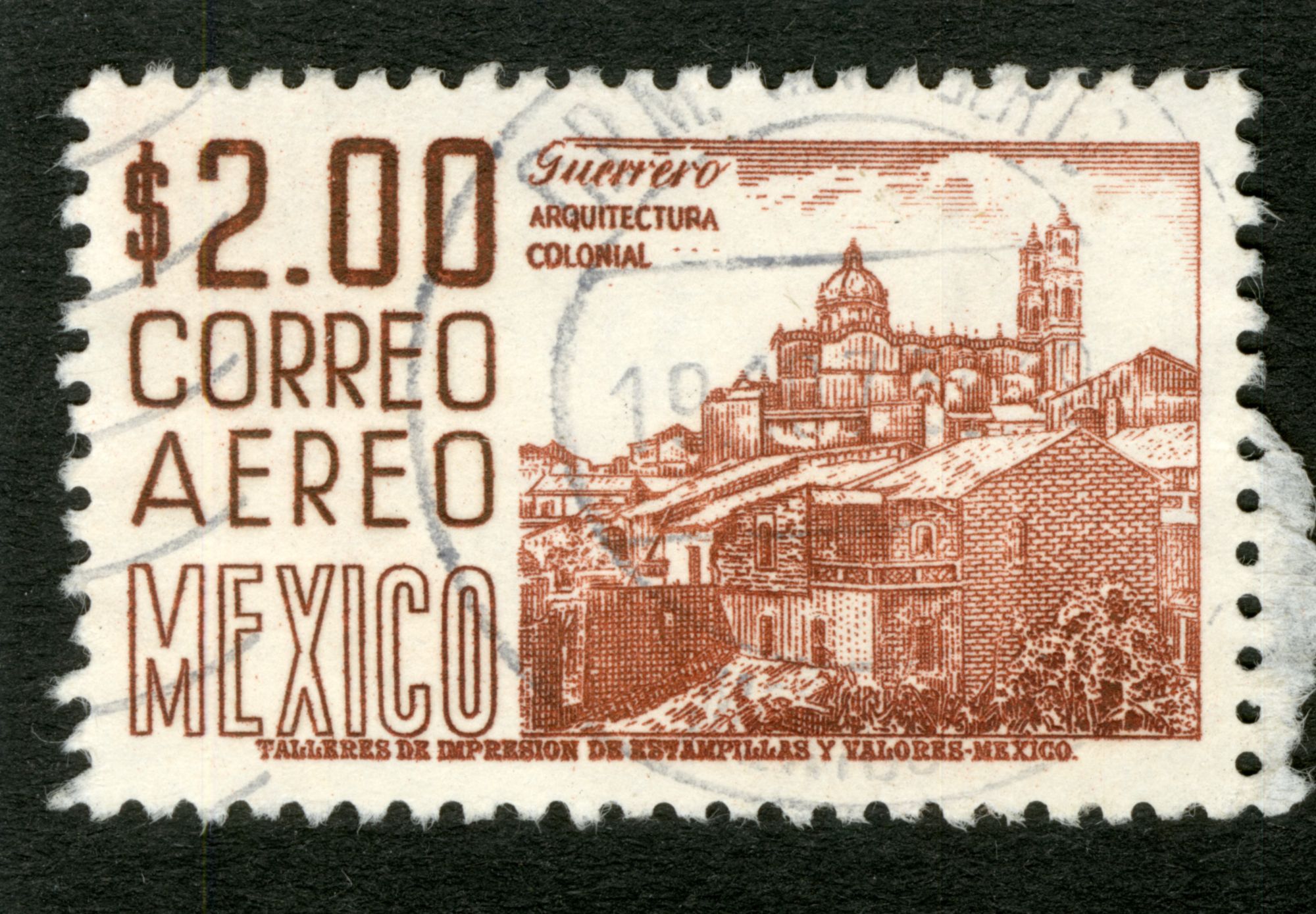 Timbre Oblitéré Mexico, Guerrero, Arquitectura Colonial, Talleres De Impresion De Estampillas Y Valores-Mexico, Correo Aereo, S 2,00