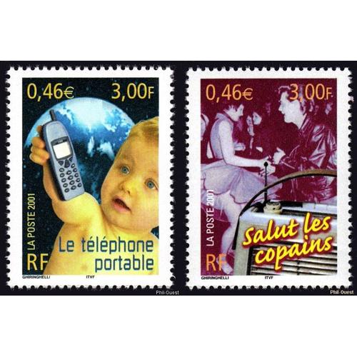 France 2001, Très Beaux Timbres Neufs** Luxe Yvert 3374 Et 3375, Le Siècle Au Fil Du Timbre, La Communication, Le Téléphone Portable Et La Radio "Salut Les Copains".