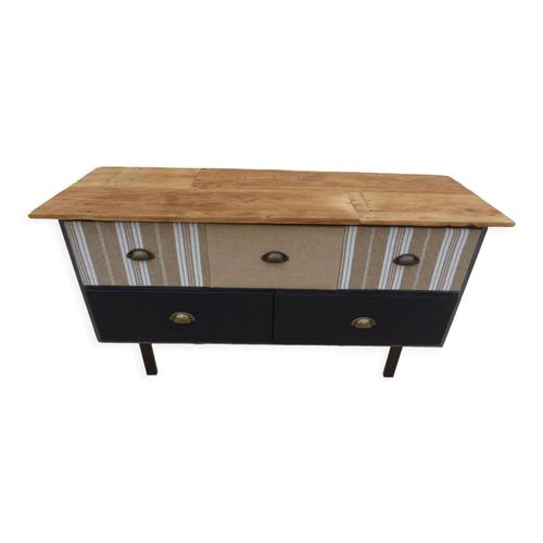 Console Avec Dessus Bois Brut Et 5 Tiroirs En Toile De Jute Et Simili Cuir Multicolore