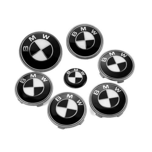 Kit 7 Badge Logo Embleme Bmw Couleur Noir Blanc Capot 82mm+ Coffre 74mm +Volant + 4 X Cache Moyeu 68mm