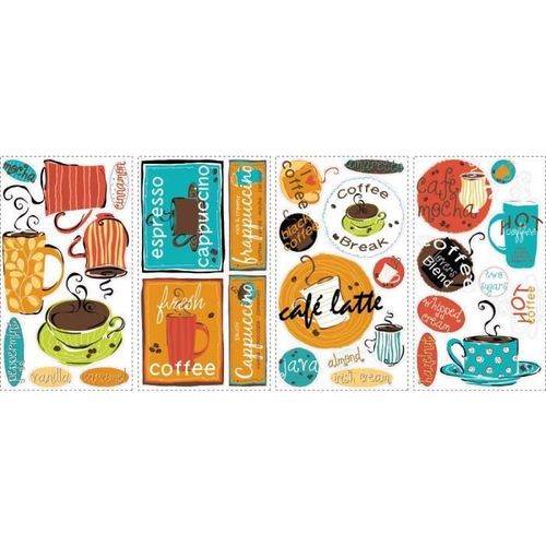 ROOMMATES Lot de 32 stickers THEME CAFÉ VINTAGE repositionnables 4 feuilles de 10,1 x 44.1 cm