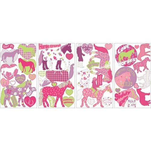 ROOMMATES Lot de 44 stickers CHEVAUX PEACE AND LOVE repositionnables 4 feuilles de 10,1 x 44,1 cm