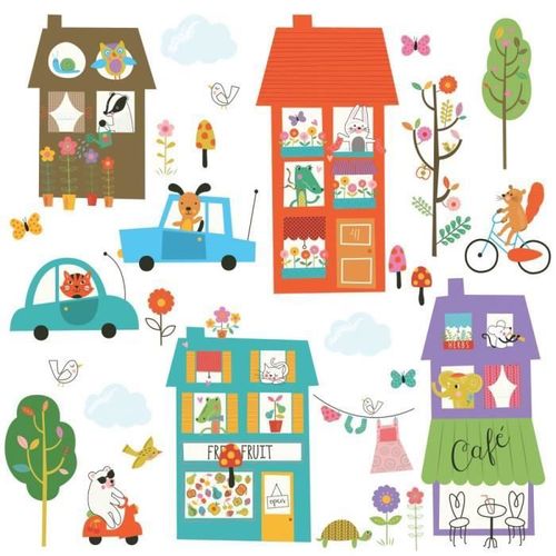 ROOMMATES Lot de 32 stickers VILLE MULTICOLORE repositionnables 4 feuilles de 10,1 x 44,1 cm