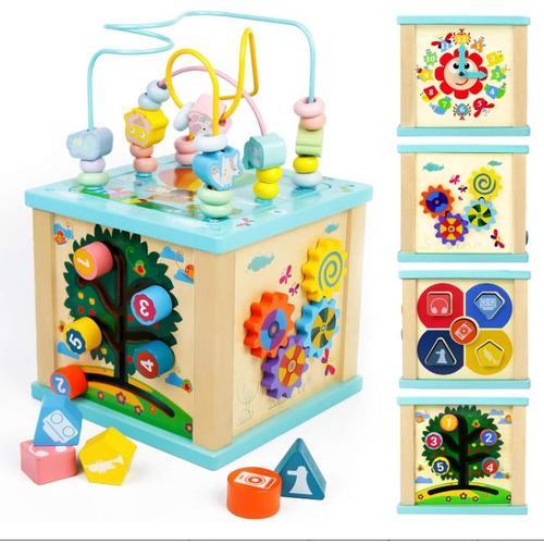 Cube D'activité Bébé Jouet Bebe 1 An, Jouets Éveil Montessori 1 2 3 Ans, Cadeau Noel Enfant Garçon Fille, 5 En 1 Jeux Bebe En Bois Avec Labyrinthe De Perles Et Horloge