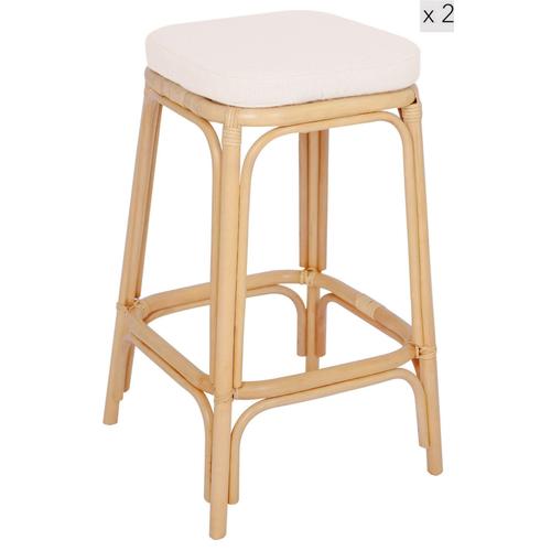 Lot De 2 Tabourets De Bar En Rotin Naturel Et Tissu Beige