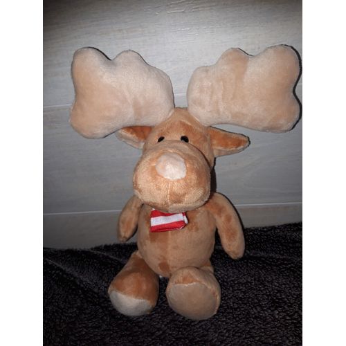 Doudou Peluche Cerf Enfant Bébé Elan Renne Kinder Ferrero Echarpe Rayée Rouge Blanc 30 Cm