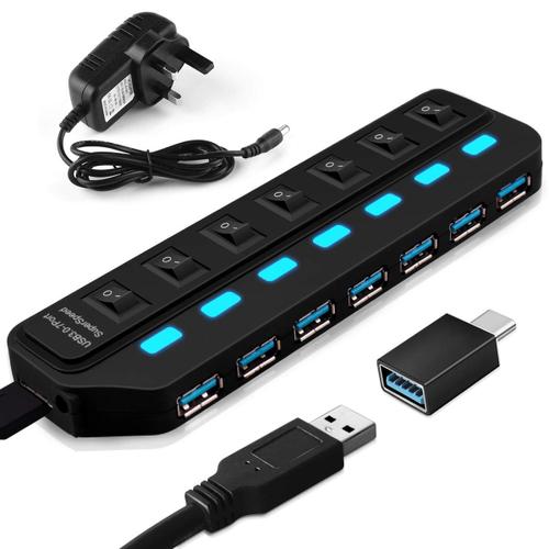 USB Hub Powered 3.0 USB Data Hub with Individual LED Power Switches USB Splitter Support Super Speed Data Transfer-UK Plug (Concentrateur USB alimenté par 3.0 USB Data Hub avec interrupteurs d'alimentation LED individuels)