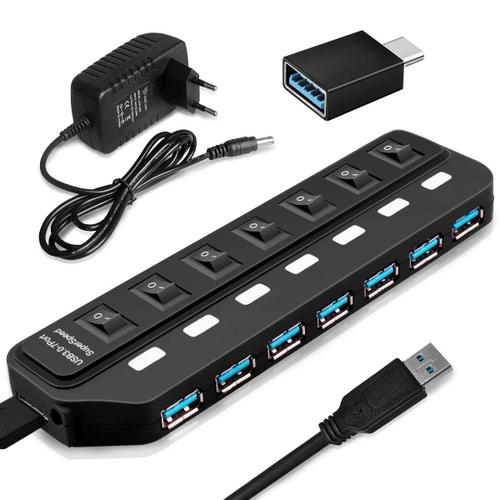 USB Hub Powered 3.0 USB Data Hub with Individual LED Power Switches USB Splitter Support Super Speed Data Transfer-EU Plug