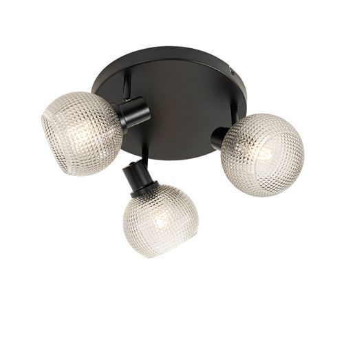 Qazqa Design Design Plafonnier Â Plafonnier Spot Ã  Fixer Au Plafond Zwart Met Smoke Glas 3-Lichts Rond - Chico Verre /Acier Noir,Transparent Rond / Luminaire / Lumiere / ÃClairage /...