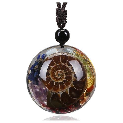 Collier Pendentif 7 Chakras Ammonite Fossil Healing Crystal Stone Spiral Necklace