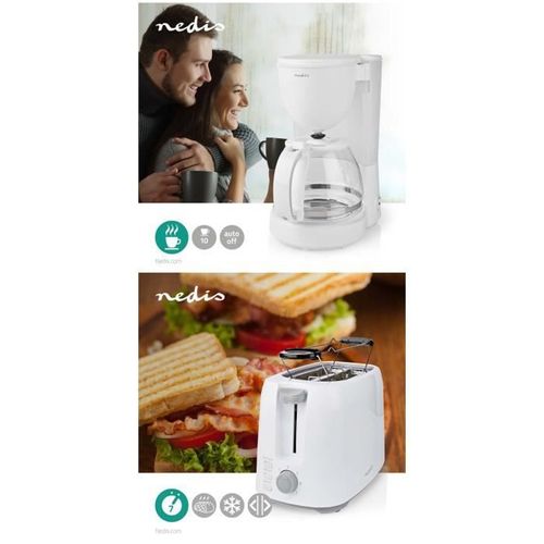 PACK DEJEUNER Cafetière Machine à café Electrique Blanche 1.25L 750W + Grille-pain Blanc 2 Fentes 750W pas cher